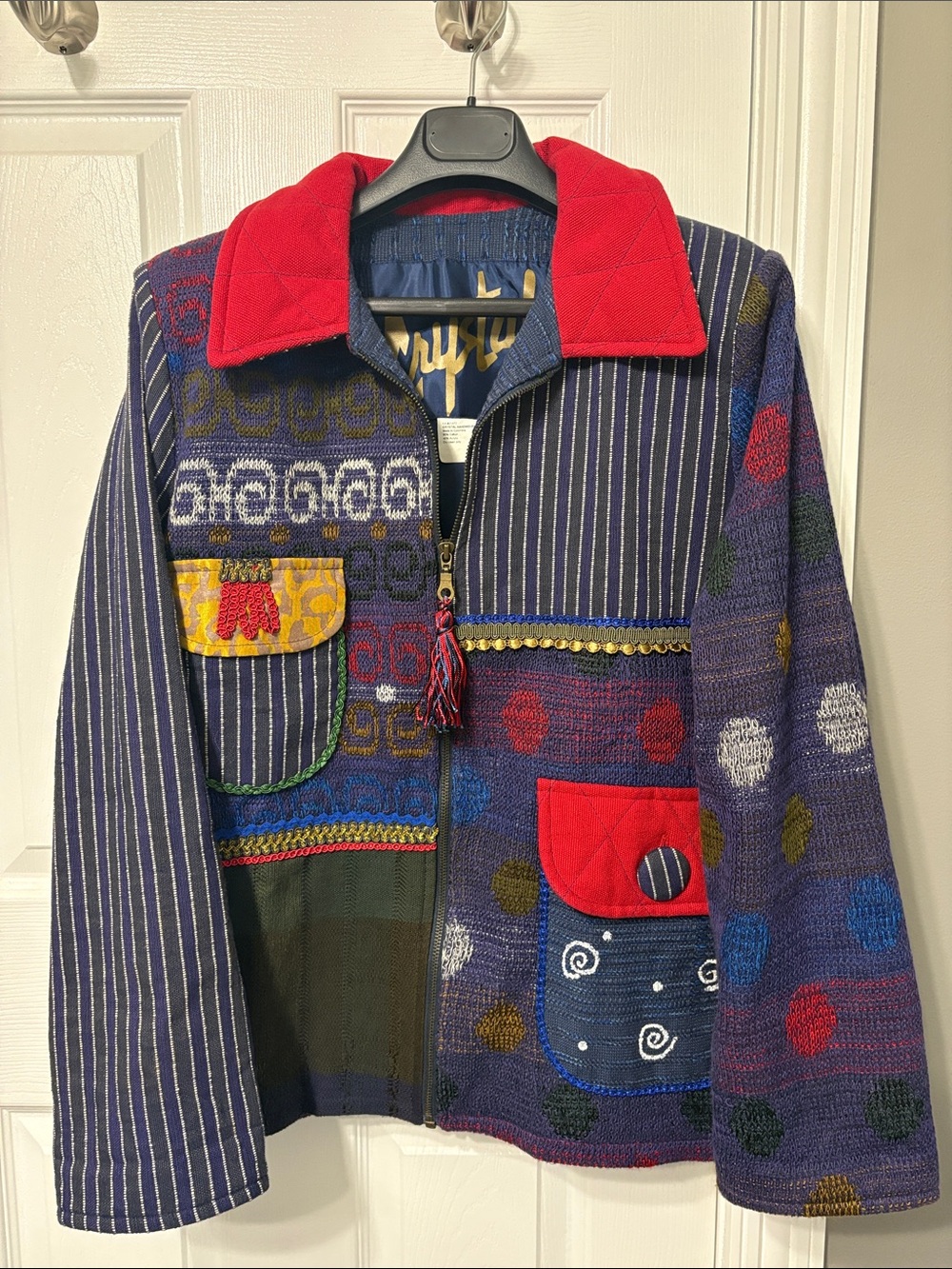 Crystal Patchwork Collar Blazer Jacket - Red Collar, Multicolor
